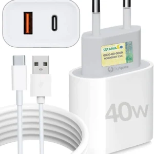 Kit Carregador Super Turbo 40W Porta Dupla (USB-A + USB-C) + Cabo USB e Tipo-C